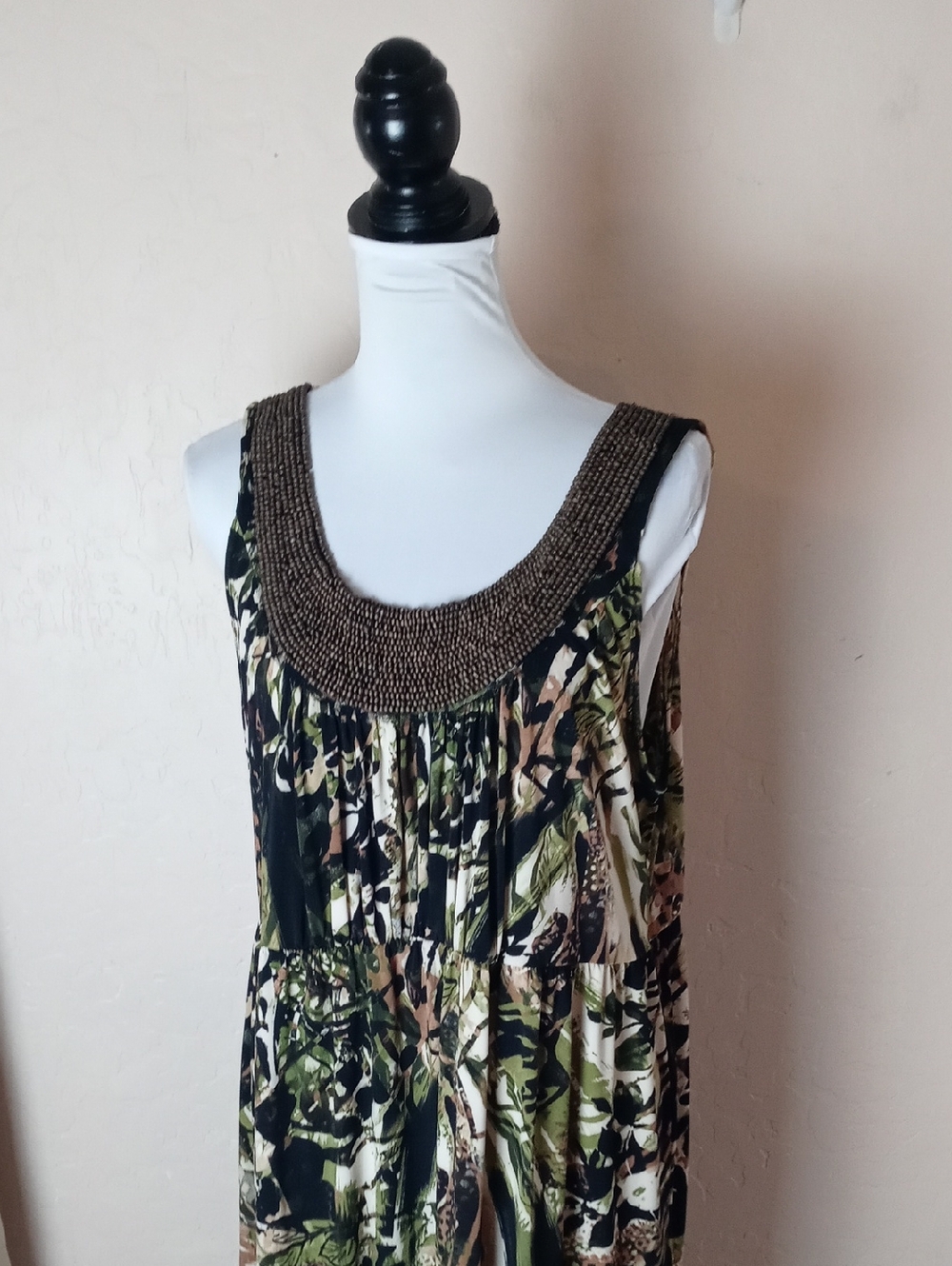 Nic & Dom Sleeveless Green and Black Printed Midi Dress with Beaded Neckline - Picture 2 of 6